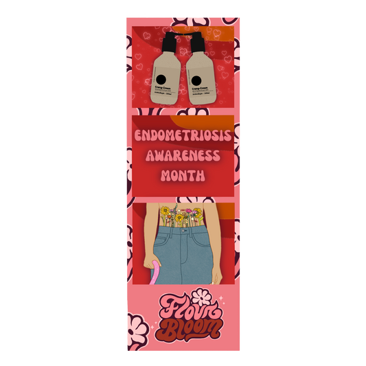 Pink and red photo strip with two cramp creams kissing, "ENDOMETRIOSIS AWARENESS MONTH", and an abdomen with flowers in the photo squares.