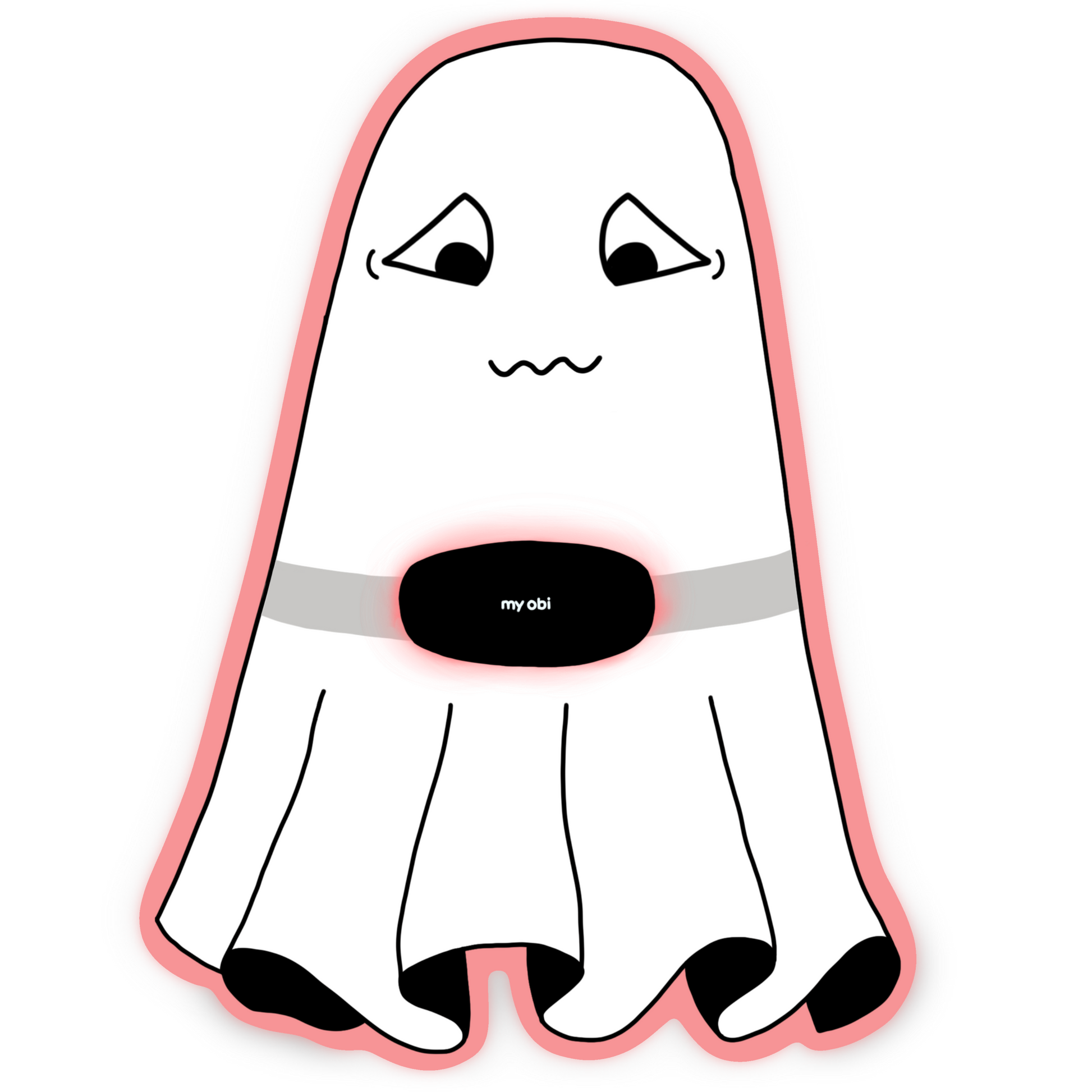 White ghost wearing a MY OBI heating pad, with a pink border around the ghost.